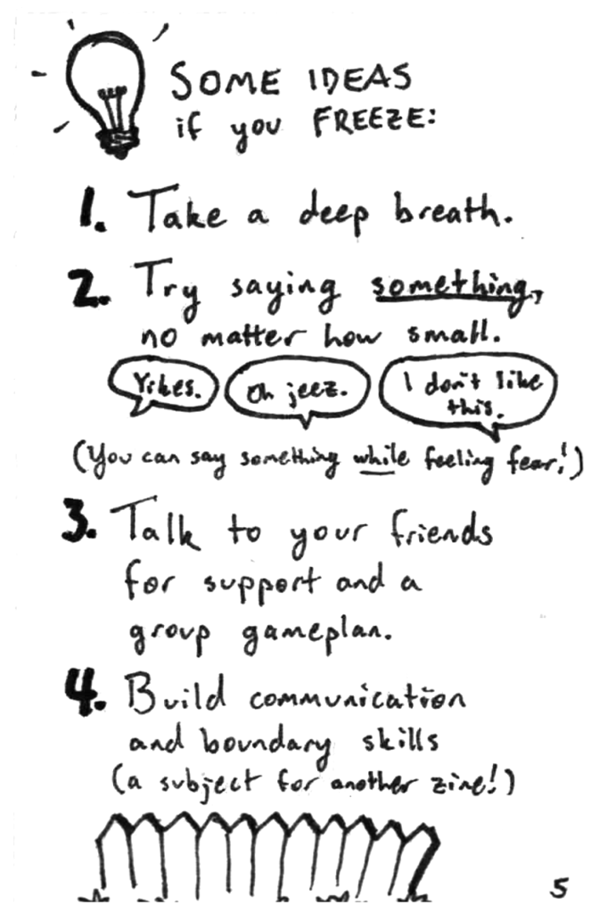 Page 5 of the zine, listing some ideas you might try if you freeze during conflict.