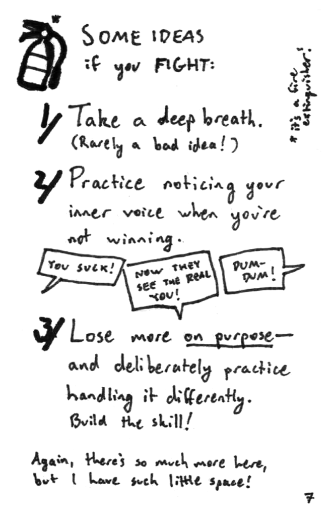 Page 7 of the zine, offering behavioral strategies one might use to defuse and change their "fight" response in conflicts.